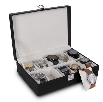 PU Leather 10-Slot Watches Box – Perfect Gift for Watch Lovers (Full Black)